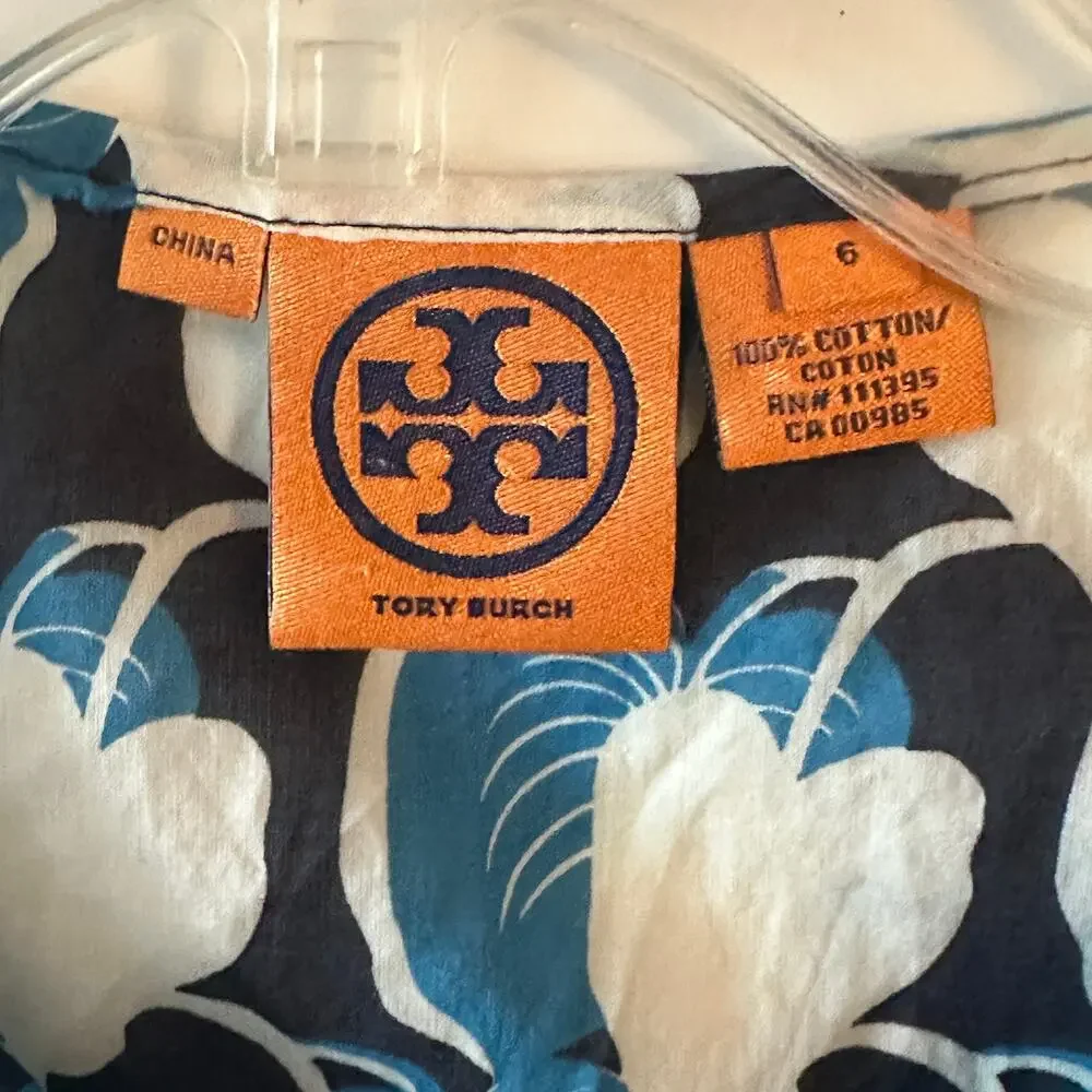 Tory Burch Leaf Print Snap Top Womens Size 6 Blue White Sleeveless Shell